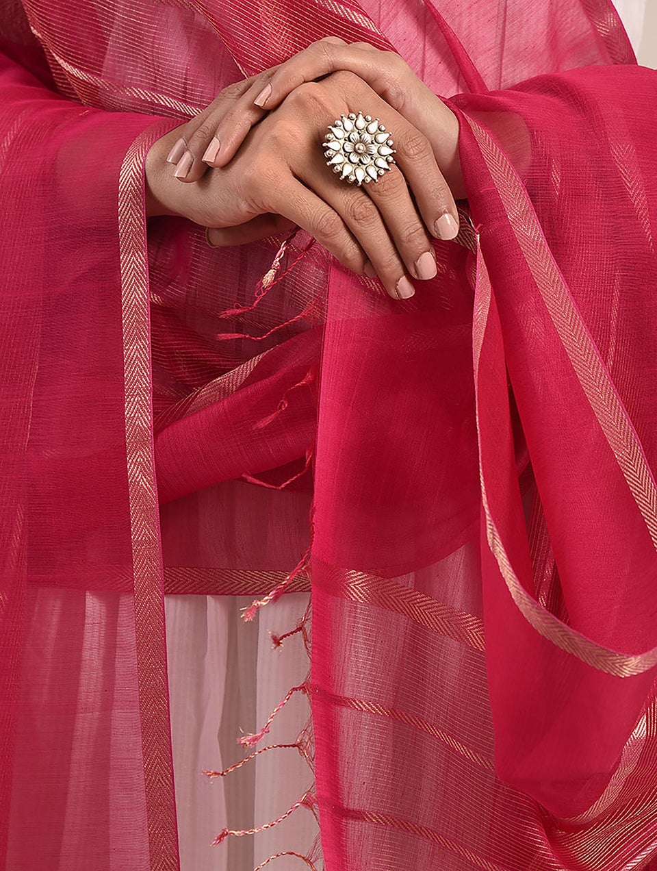 Women Pink Cotton Silk Maheshwari Dupatta