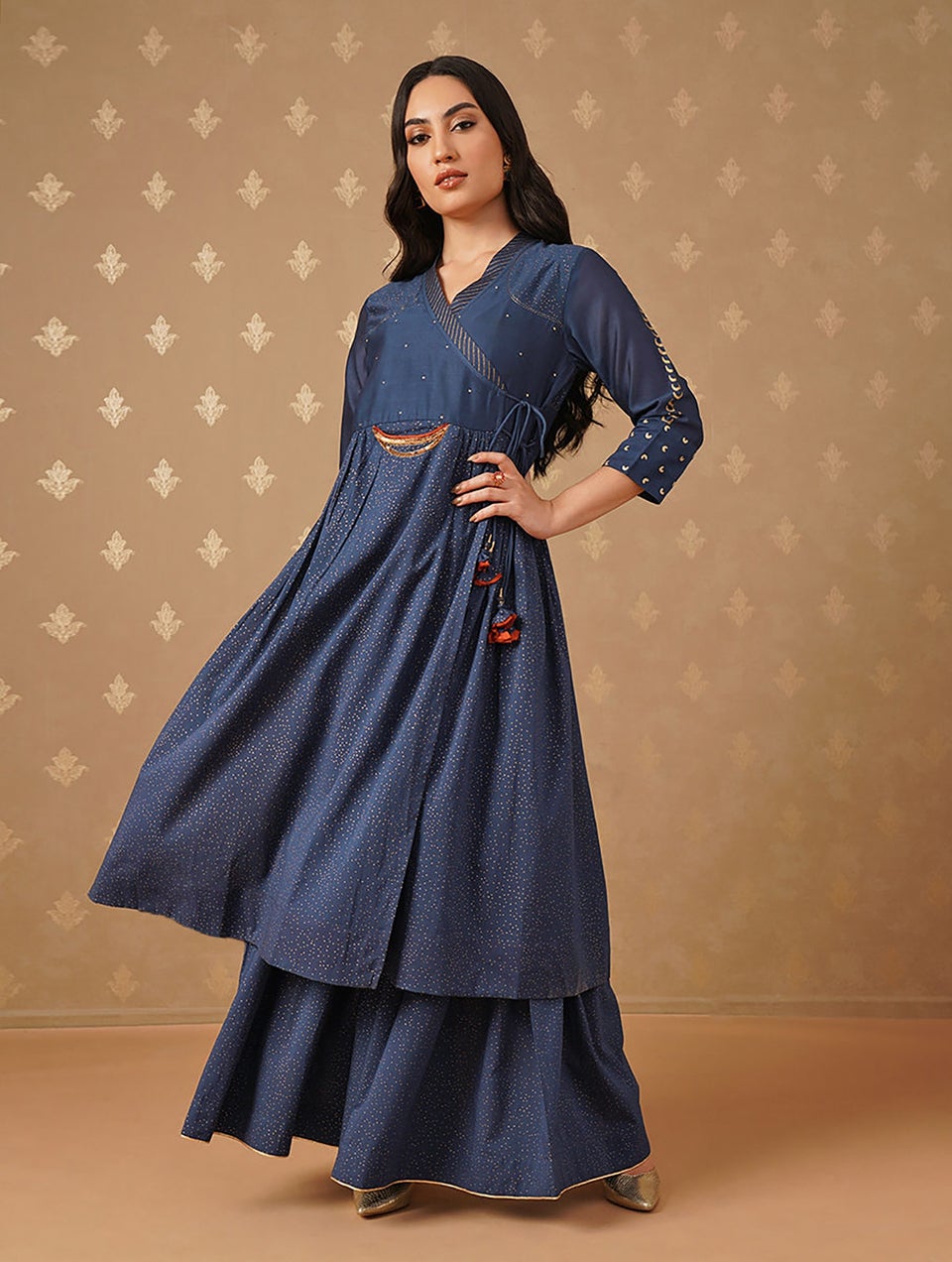 Women Indigo Blue Cotton Silk Khadi V Neck Flared Kurta