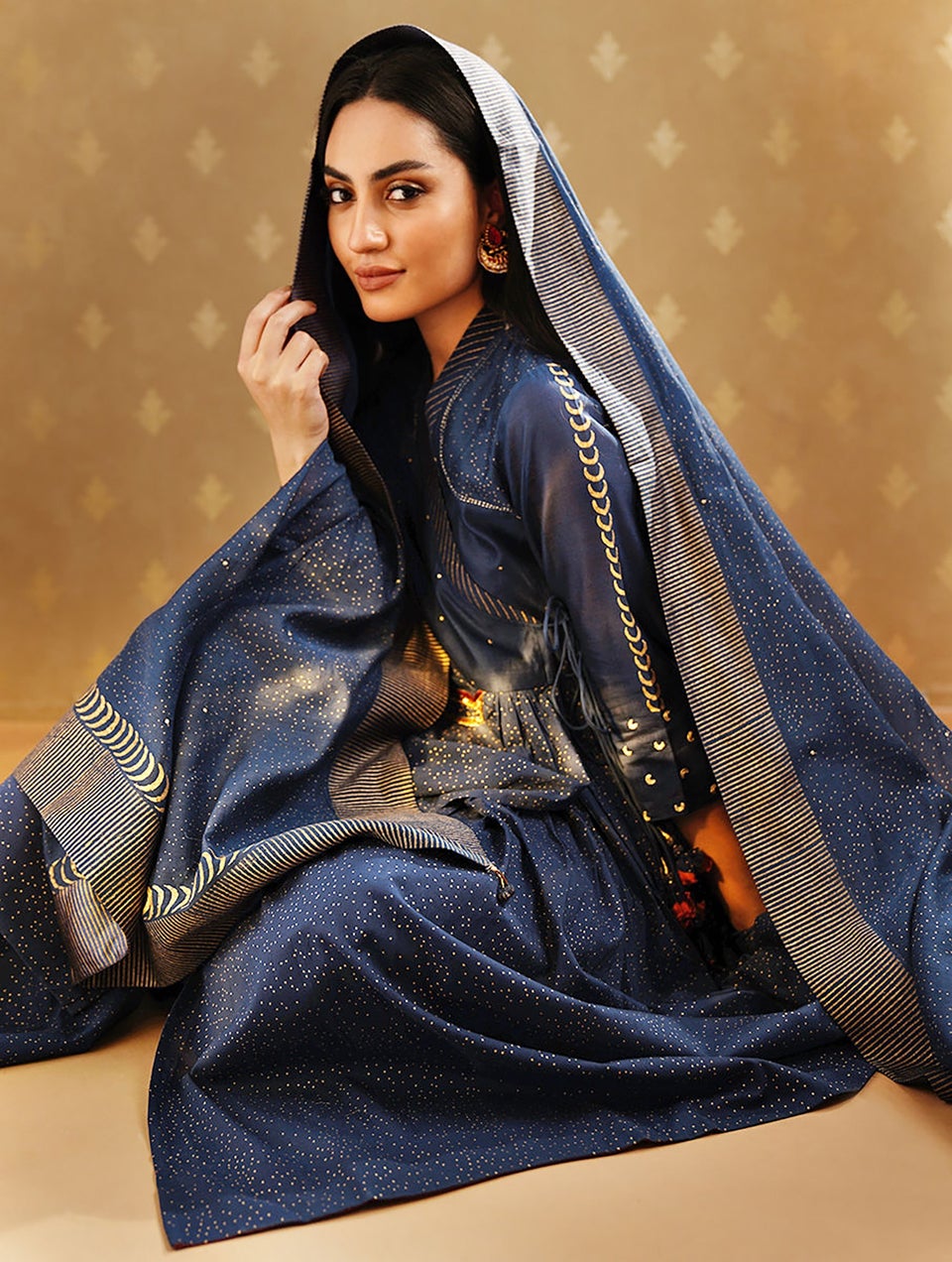 Women Indigo Blue Cotton Silk Khadi V Neck Flared Kurta