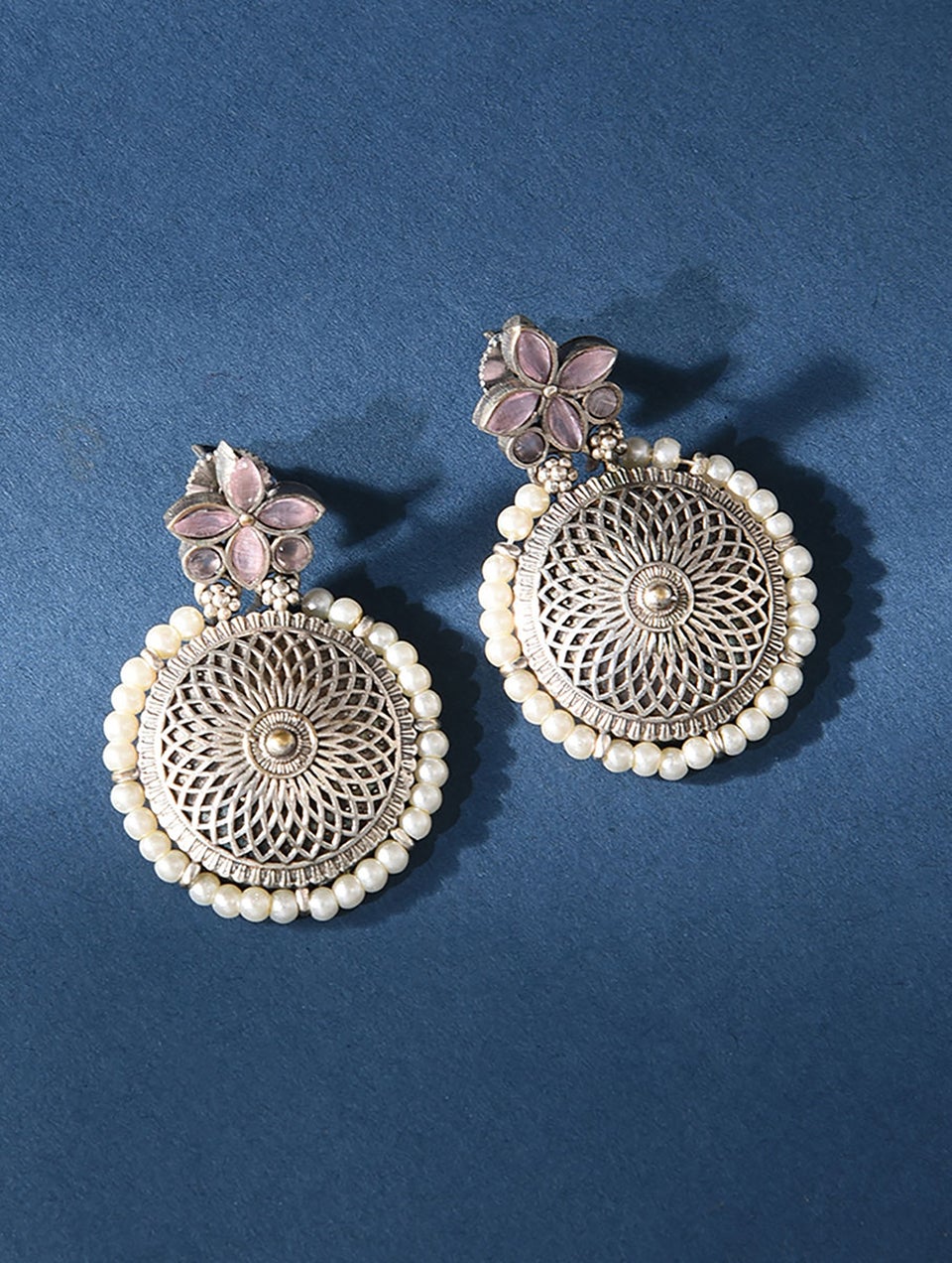 Women Pink Silver Tone Tribal Earrings