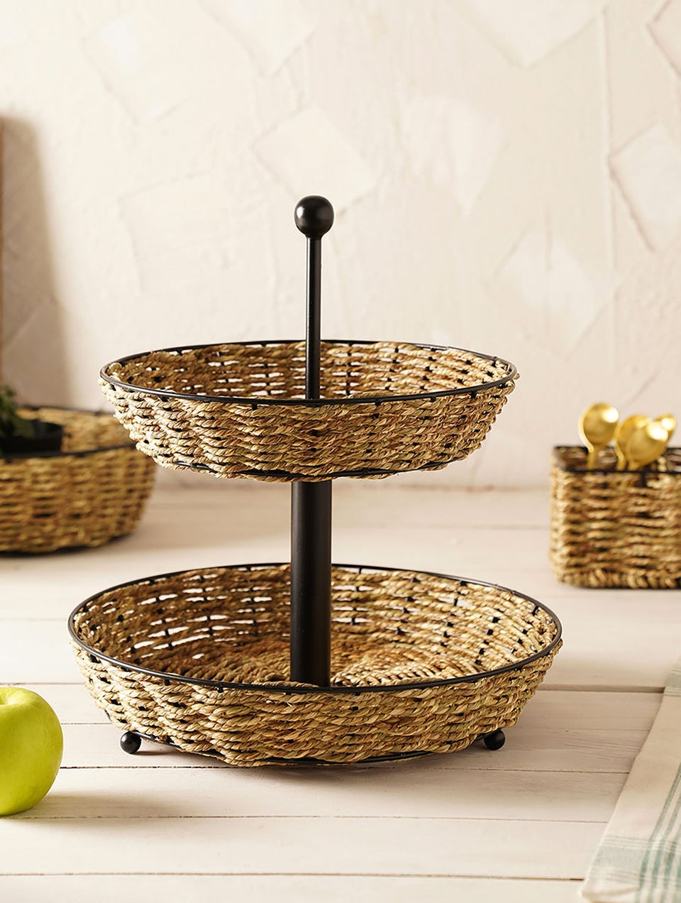 Seagrass And Iron Wired 2-Tier Serving Tray