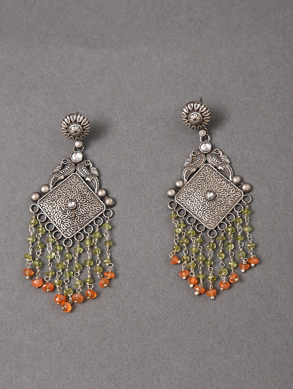 Women Orange Green Silver Tone Tribal Earrings
