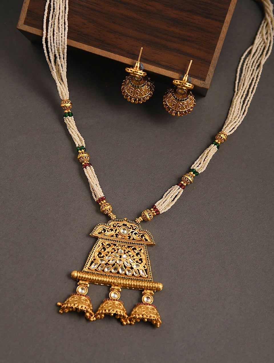 Women White Gold Tone Kundan Necklace With Jhumki Earrings