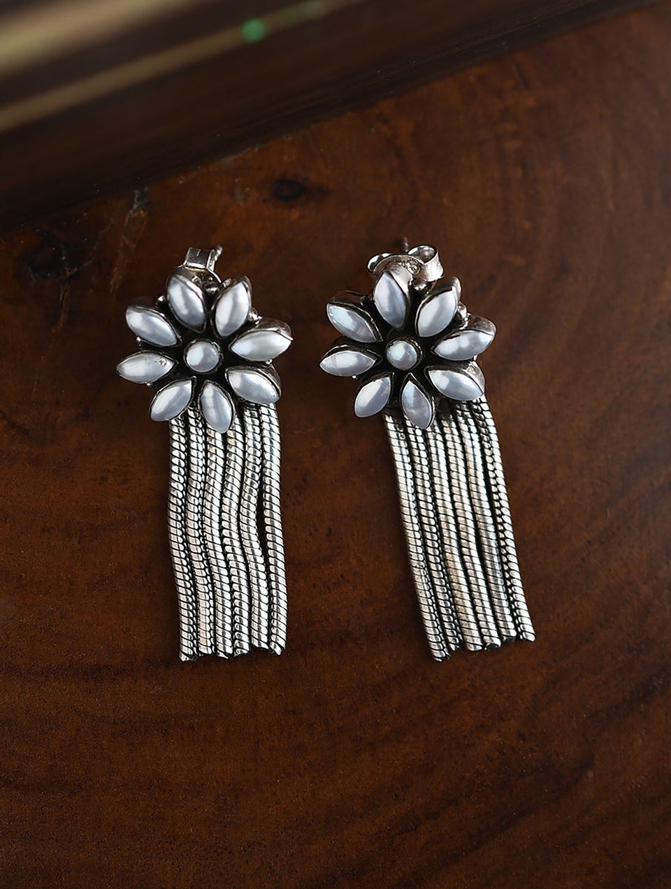 Women Tribal Silver Earrings with Pearls