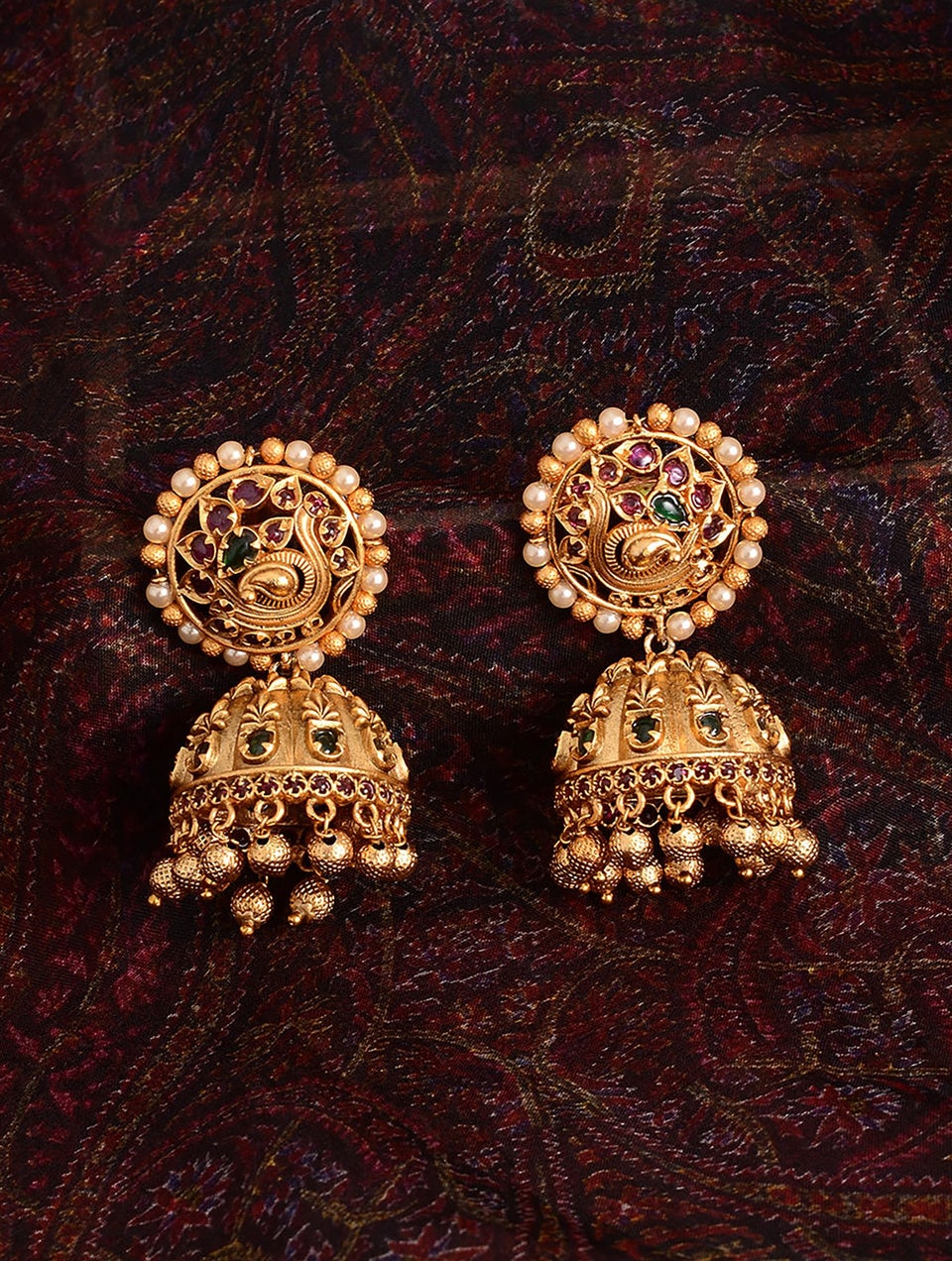 Women Pink Gold Tone Temple Jhumki Earrings With Pearls