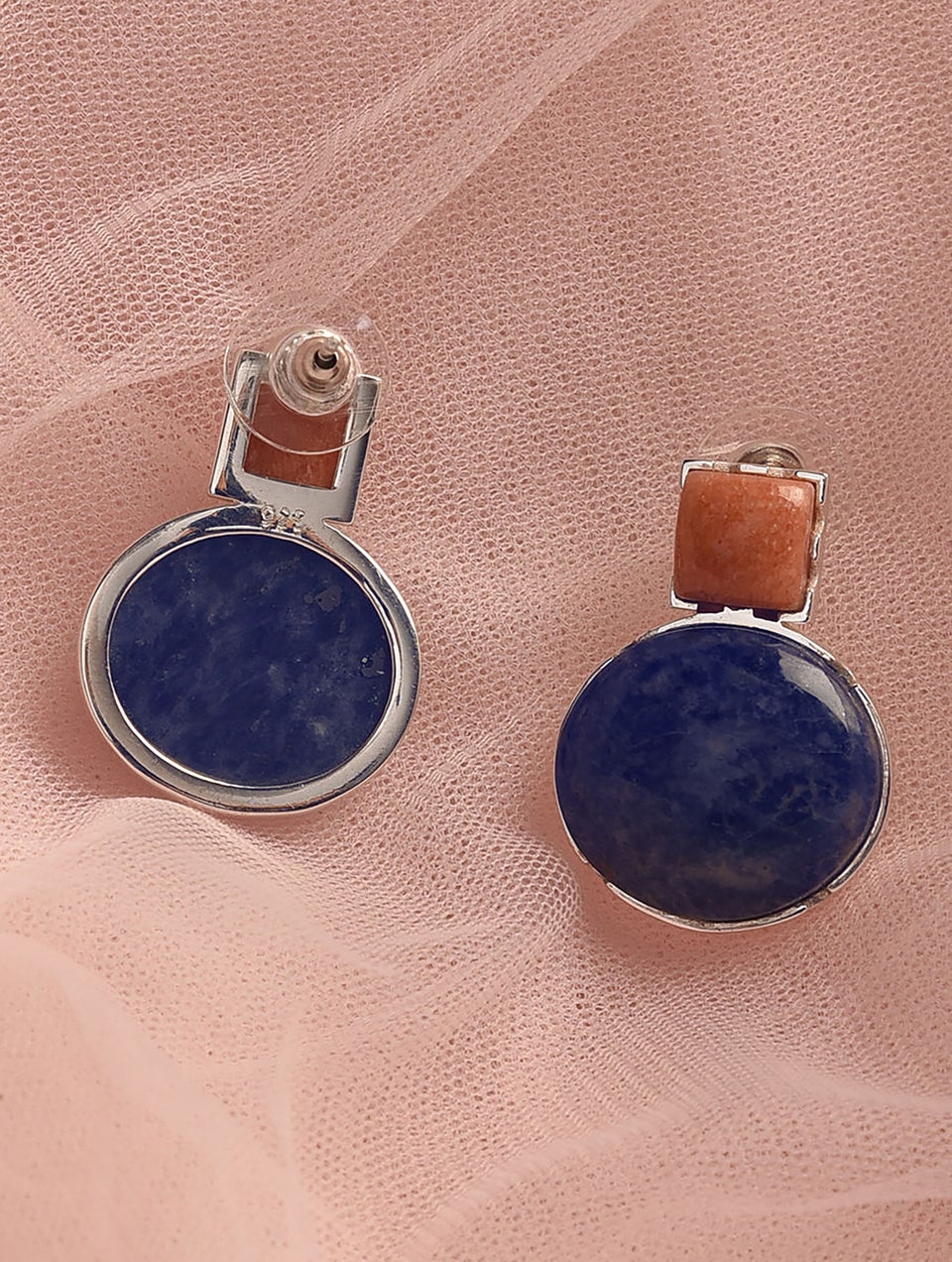 Women Silver Earrings With Coral And Sodalite