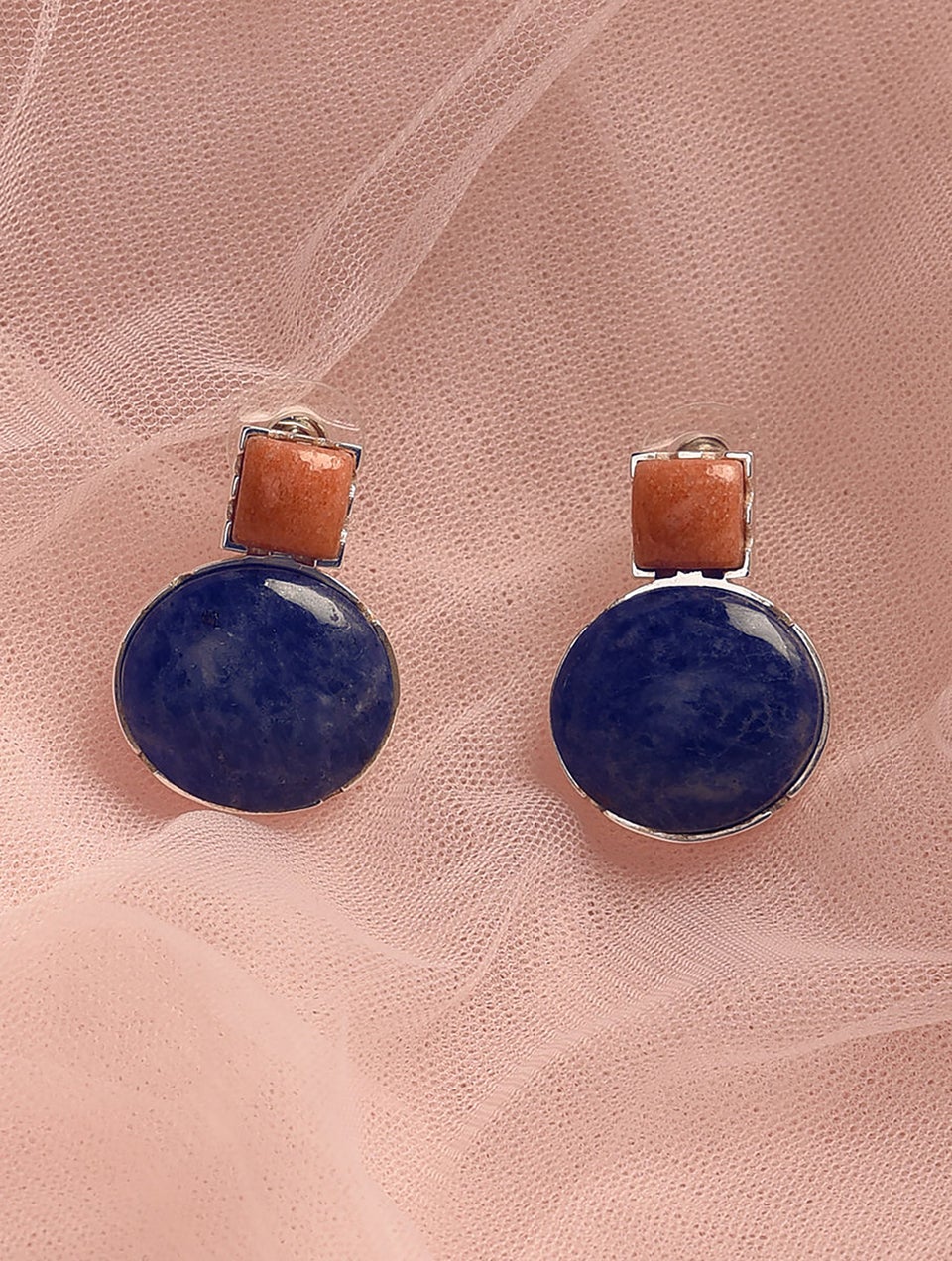 Women Silver Earrings With Coral And Sodalite