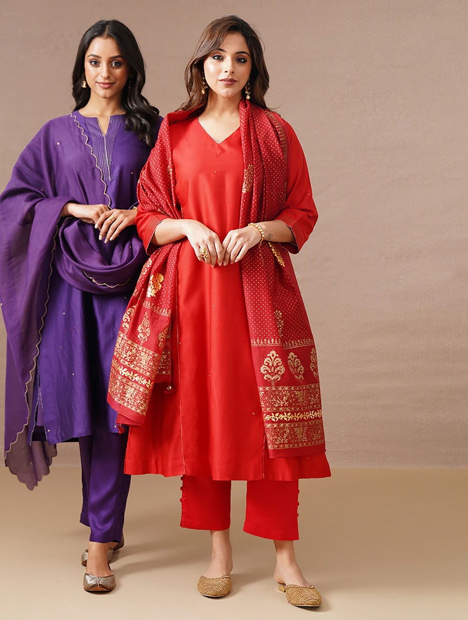 Women Red Silk Cotton Kurta With Zari