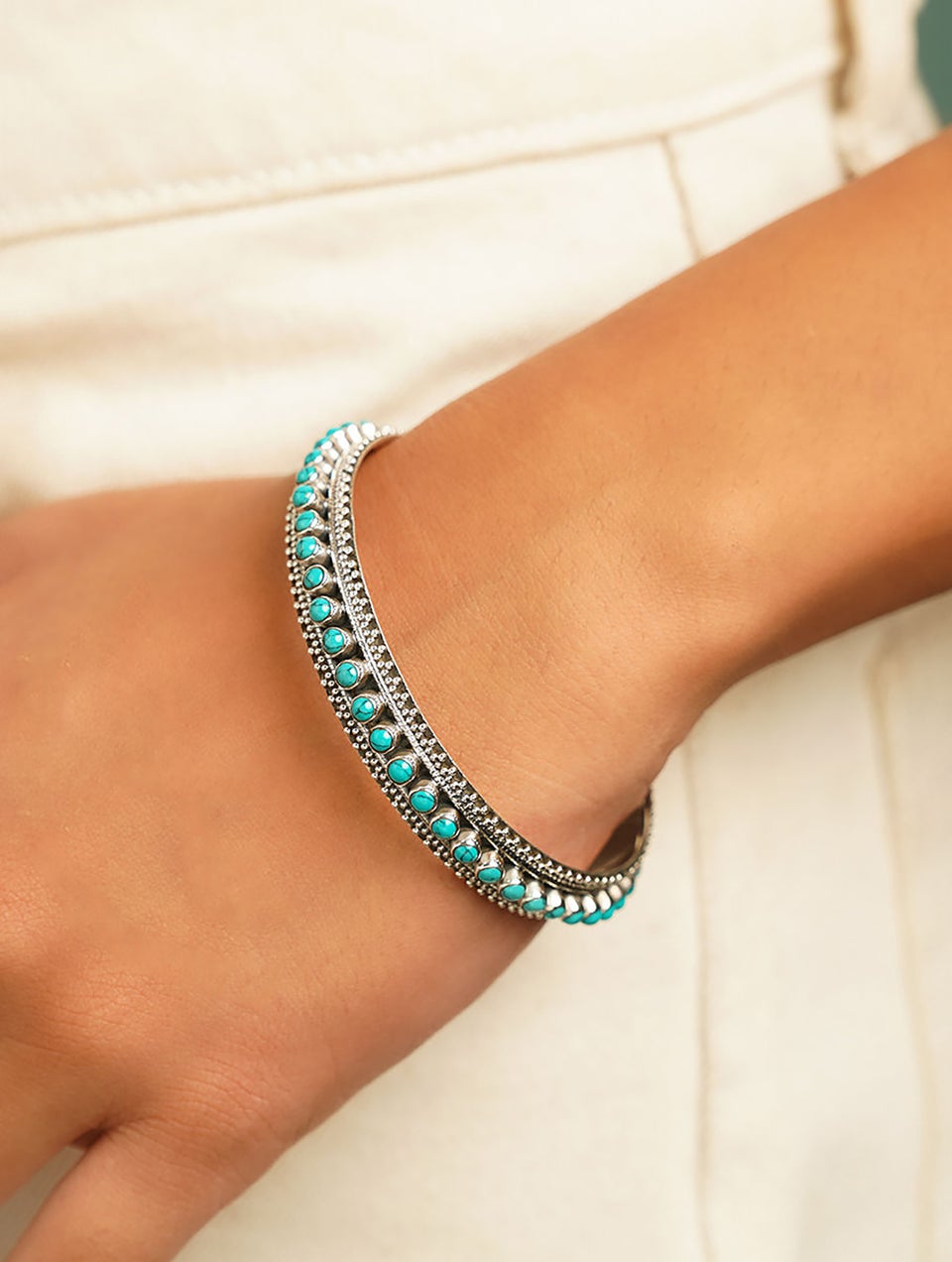 Women Tribal Silver Bangle with Turquoise
