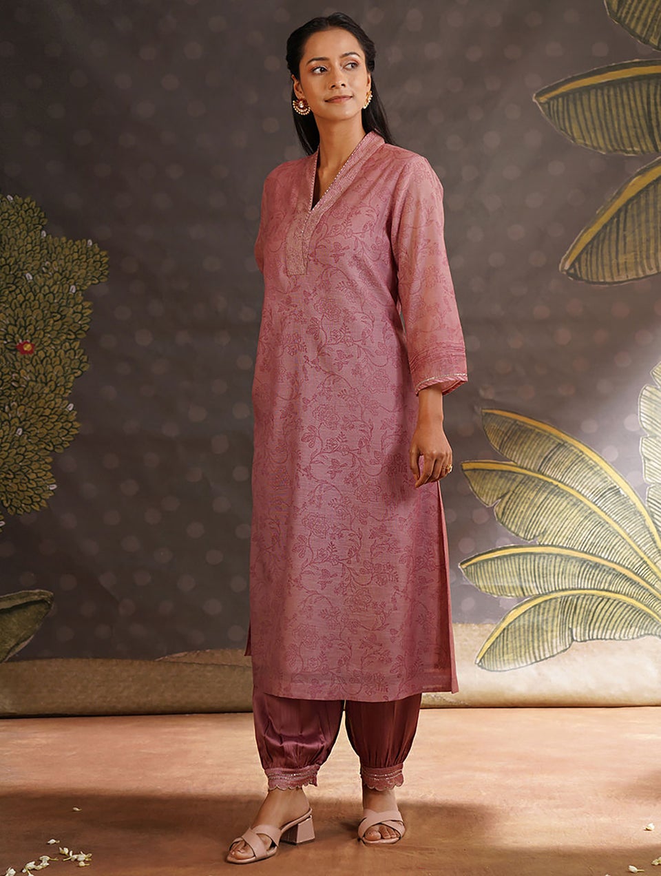 Women Onion Pink Cotton Silk V Neck Straight Kurta , Salwar & Dupatta