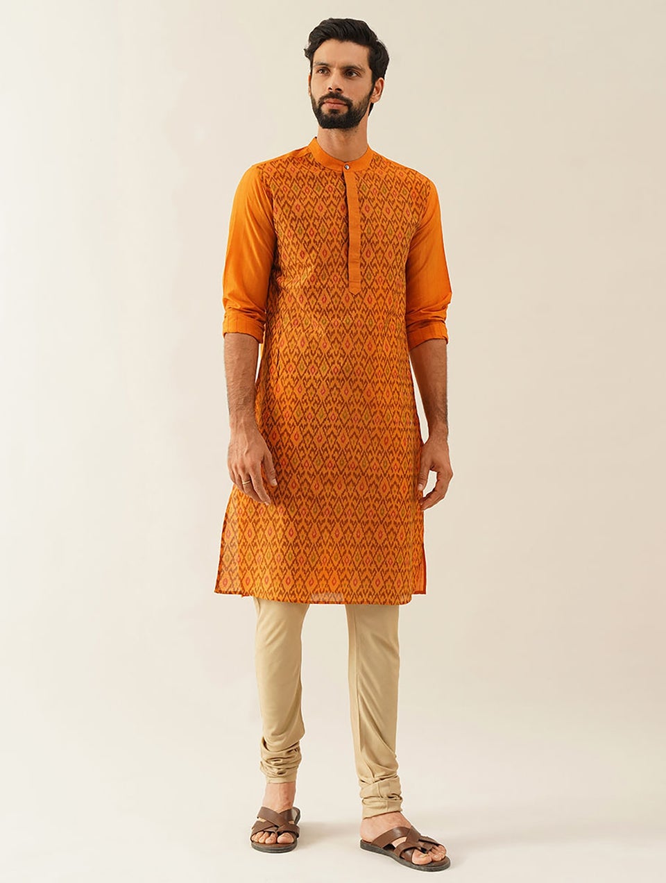 Men Mustard Yellow Cotton Ikat Mandarin Collar Regular Fit Kurta