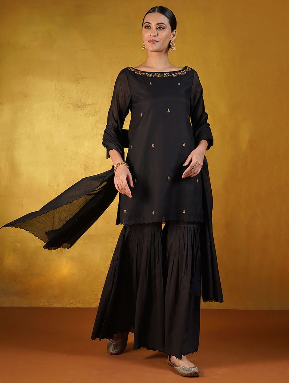 Women Black Cotton Silk Embroidered Boat Neck Regular Fit Kurta