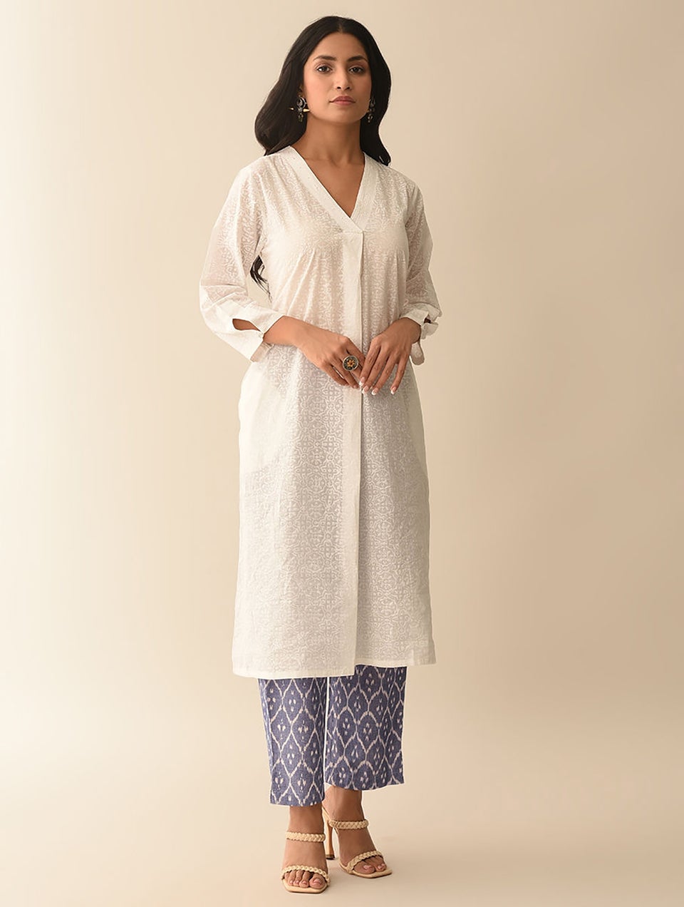 Women Blue Cotton Printed Ankle Length Regular Fit Pant