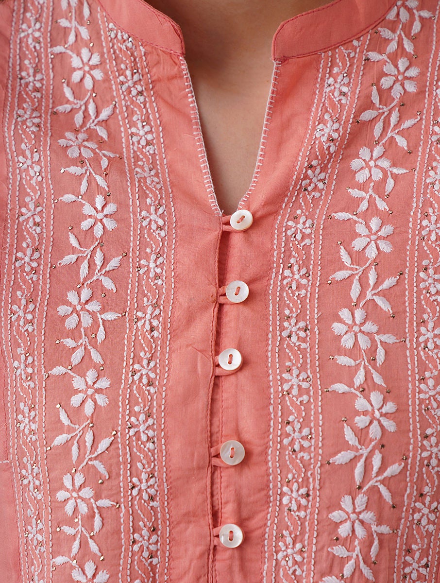 Women Coral Chikankari Cotton Tunic With Mukaish