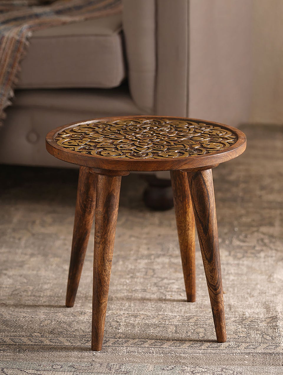 Handcarved Floral Nesting Table With Gold Foiling