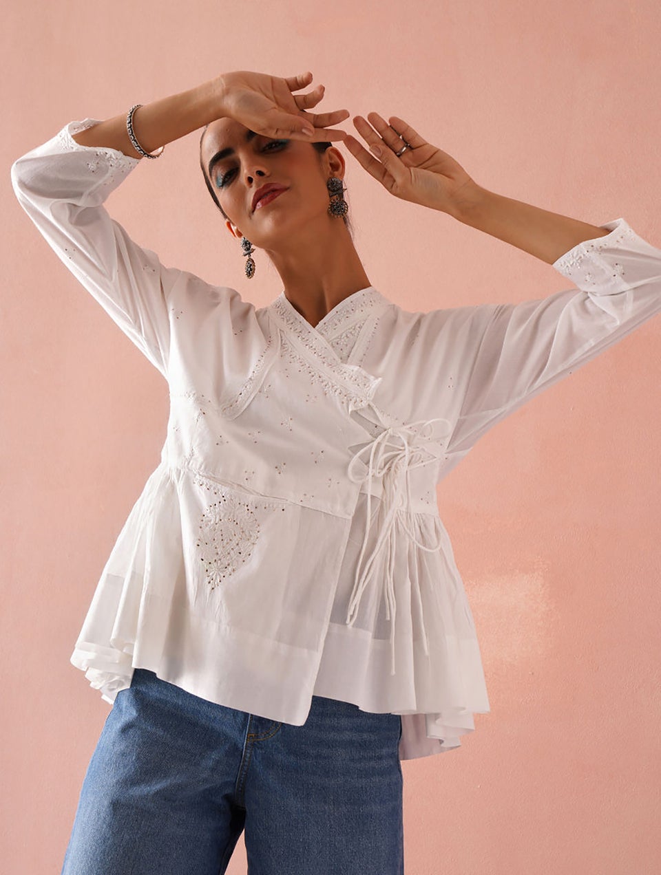 Women White Chikankari Cotton Kedia Top With Mukaish | Jaypore US