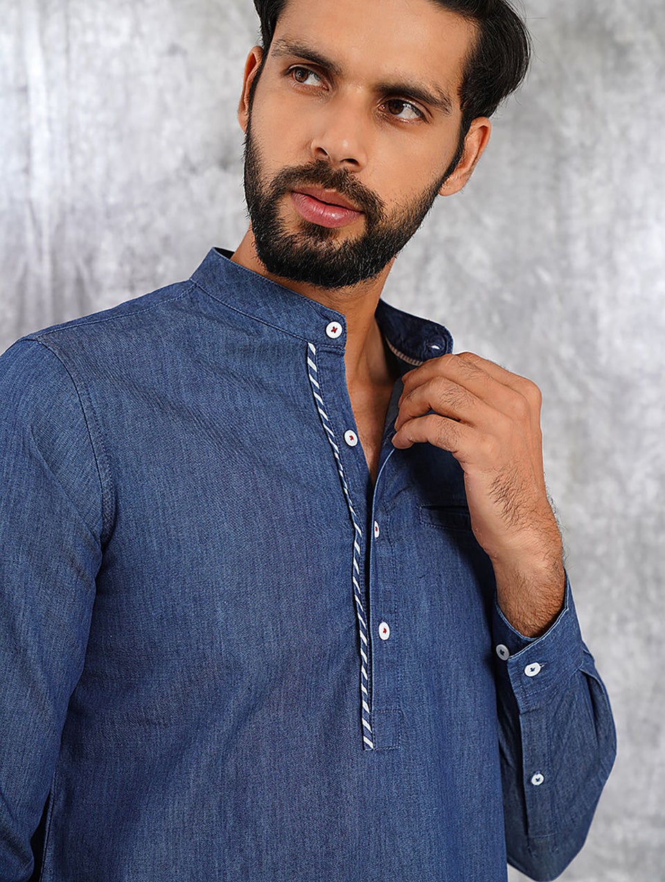 Men Blue Denim Mandarin Collar Regular Fit Kurta