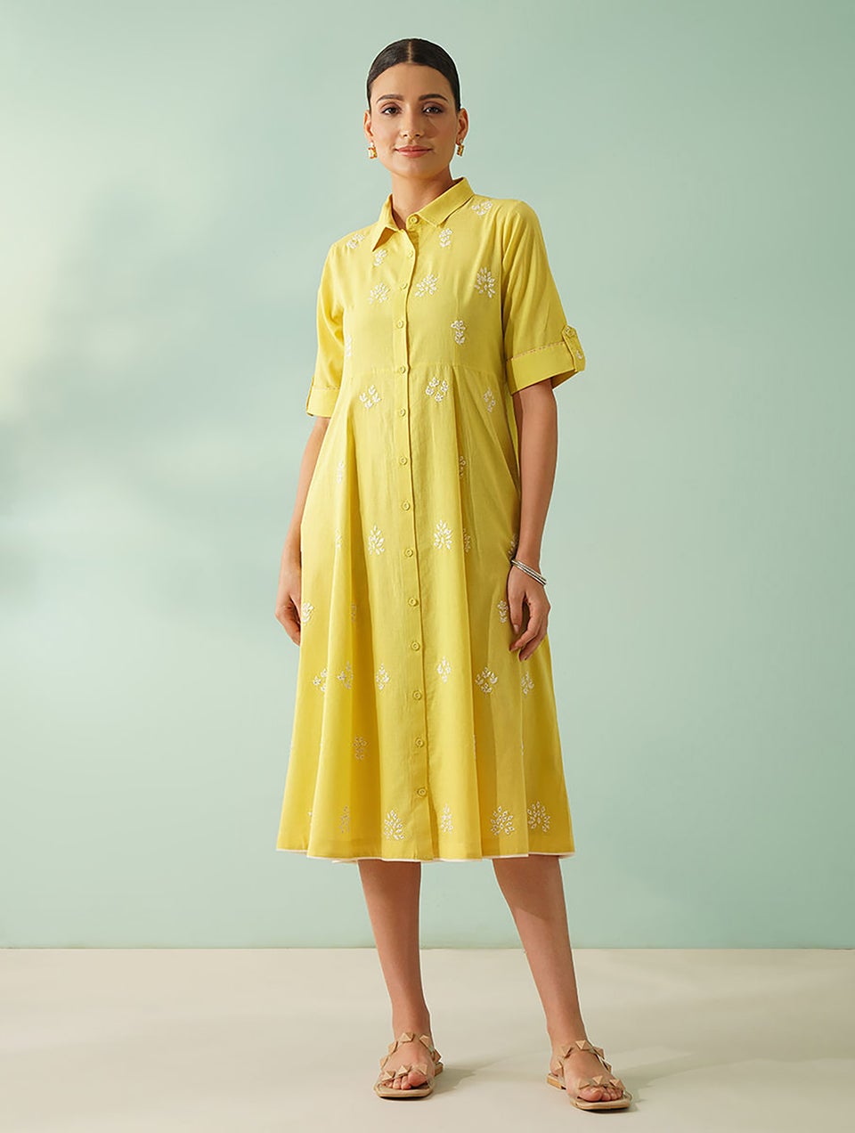 Women Yellow Cotton Dress With Hand Phool-Patti Applique