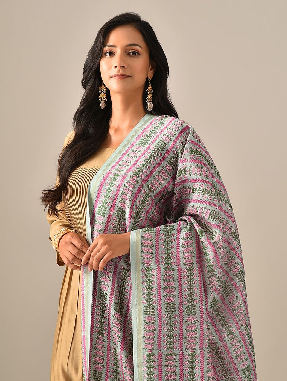 Women Blue Hand Block Printed Cotton Silk Dupatta