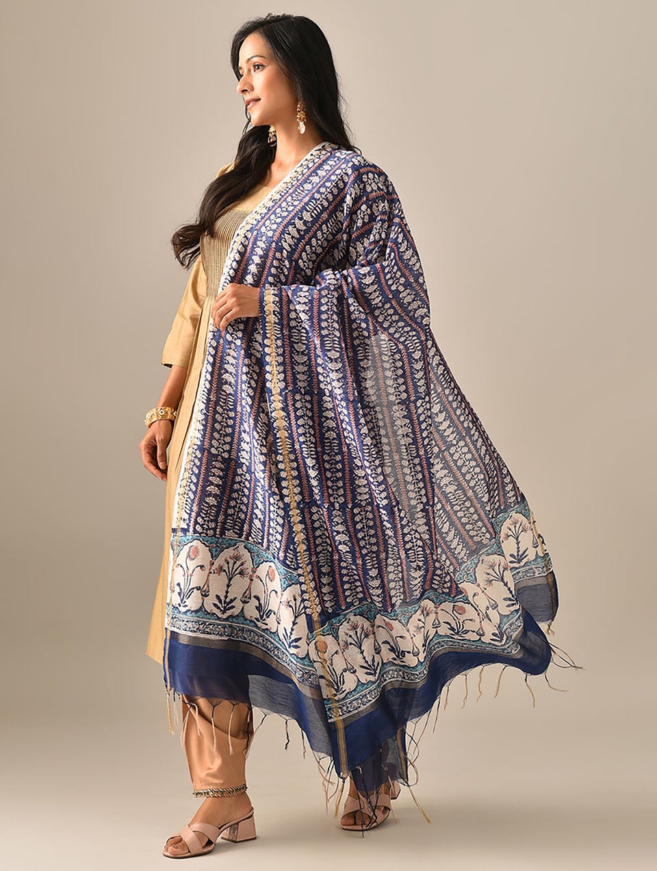 Women Blue Hand Block Printed Cotton Silk Dupatta