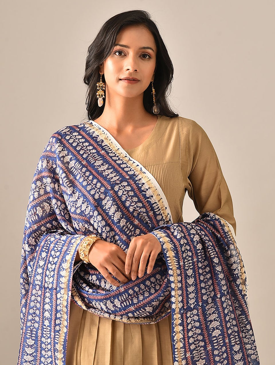 Women Blue Hand Block Printed Cotton Silk Dupatta