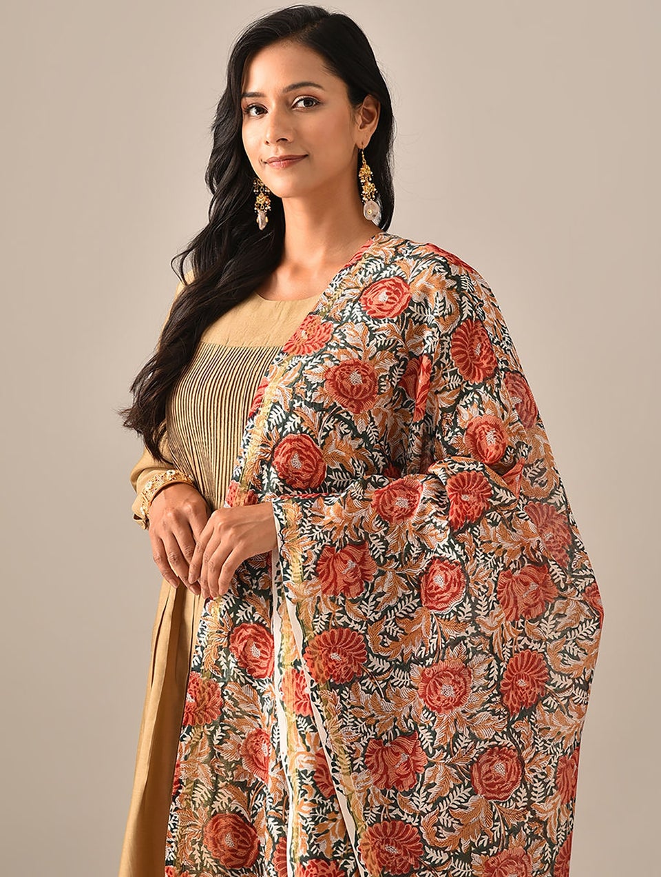 Women Green Cotton Silk Block Print Dupatta