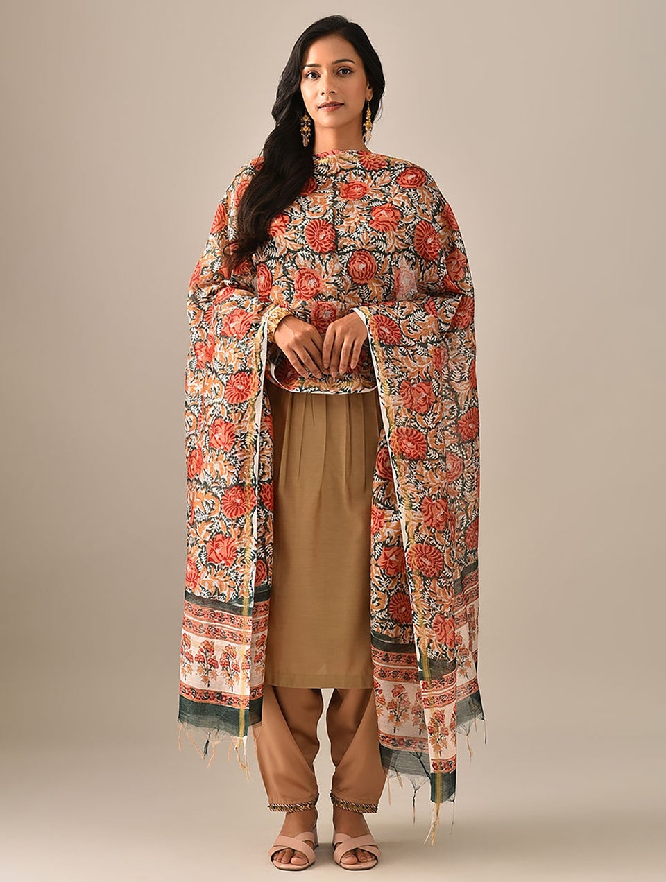 Women Green Cotton Silk Block Print Dupatta