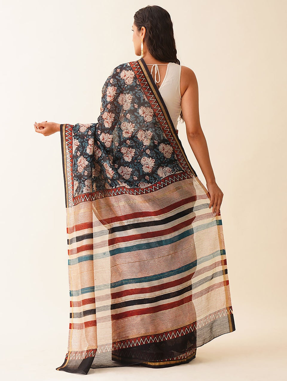 Women Black Hand Block Printed Tussar Cotton Saree