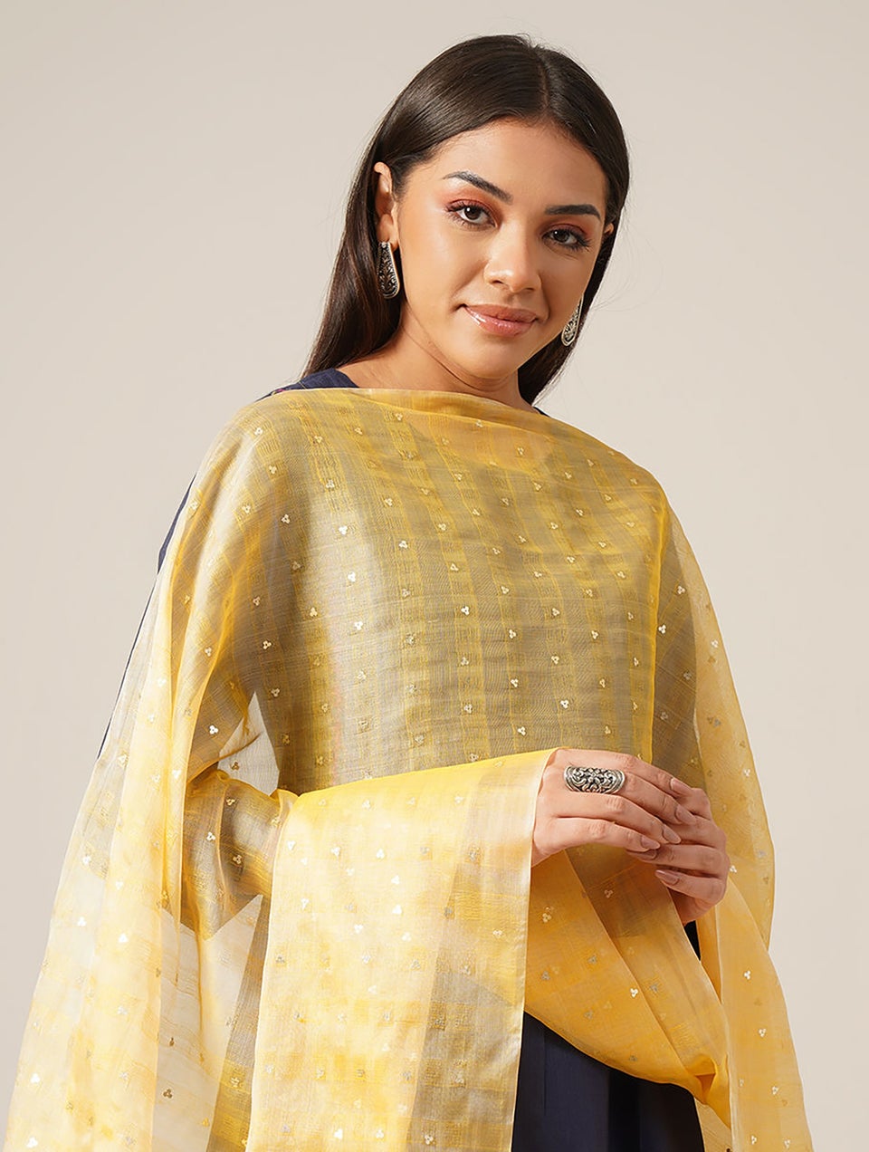 Women Yellow Cotton Silk Hand Woven Dupatta