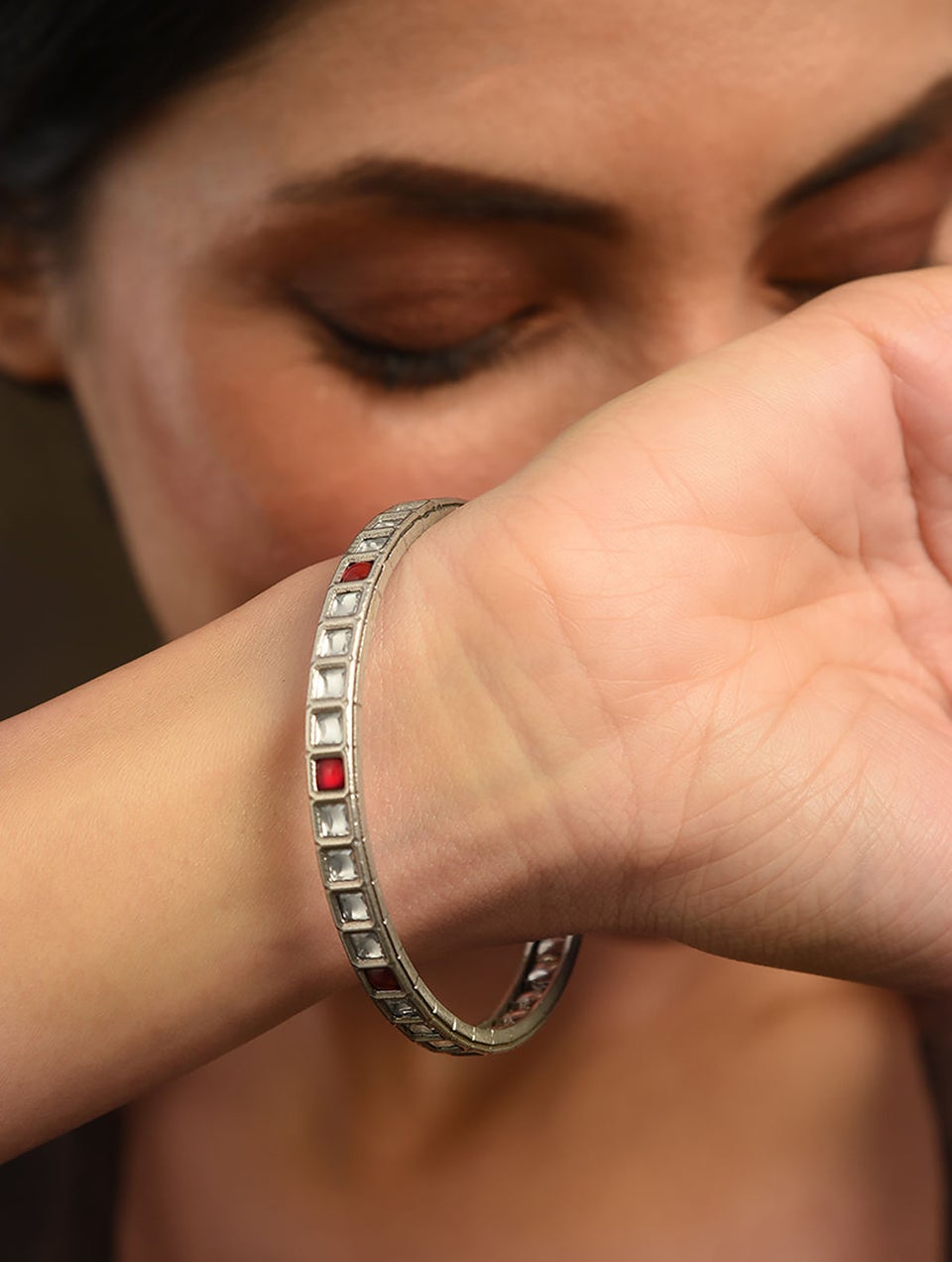 Women Red White Kempstone Encrusted Silver Openable Bangle