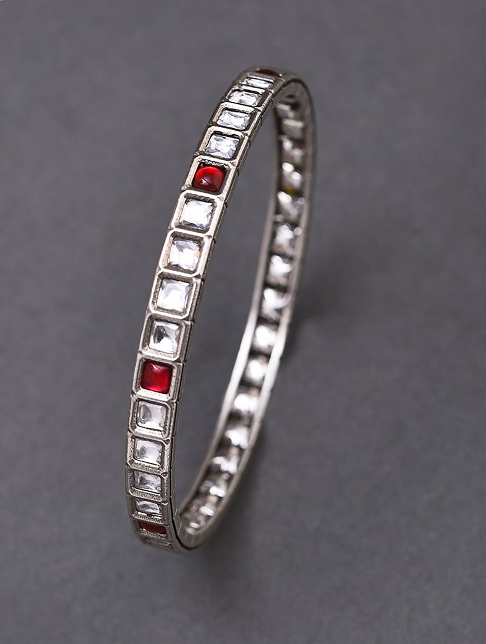 Women Red White Kempstone Encrusted Silver Openable Bangle
