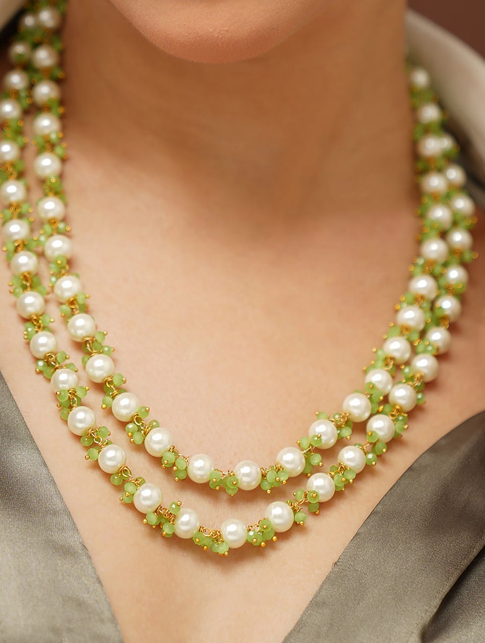 Women Green Gold Tone Beaded Layered Necklace