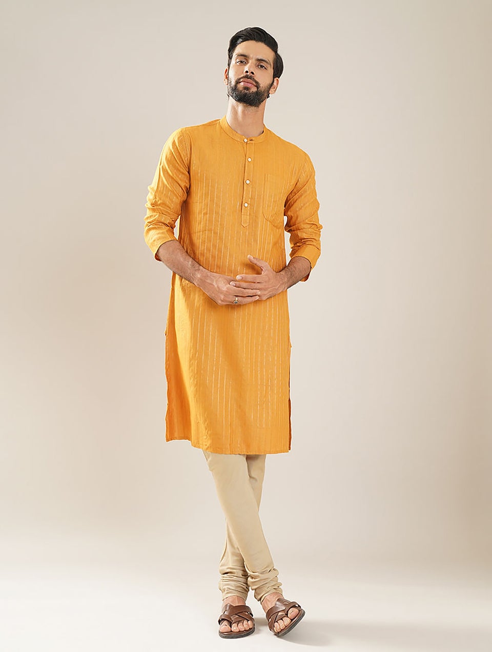 Men Mustard Yellow Silk Viscose Mandarin Collar Regular Fit Kurta