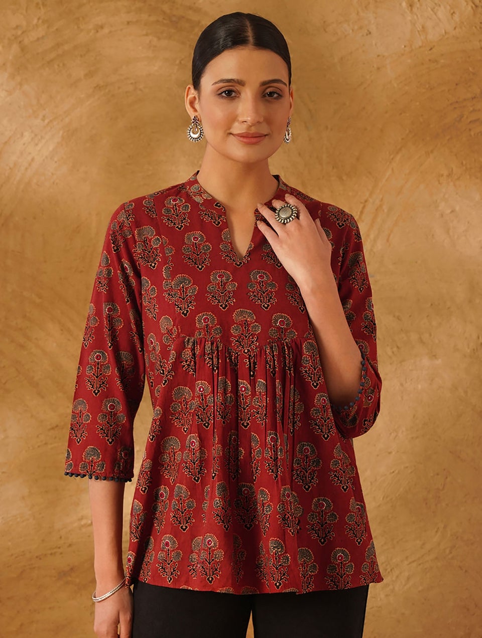 Women Red Natural Dyed Ajrakh Cotton Tunic With Mirror Work