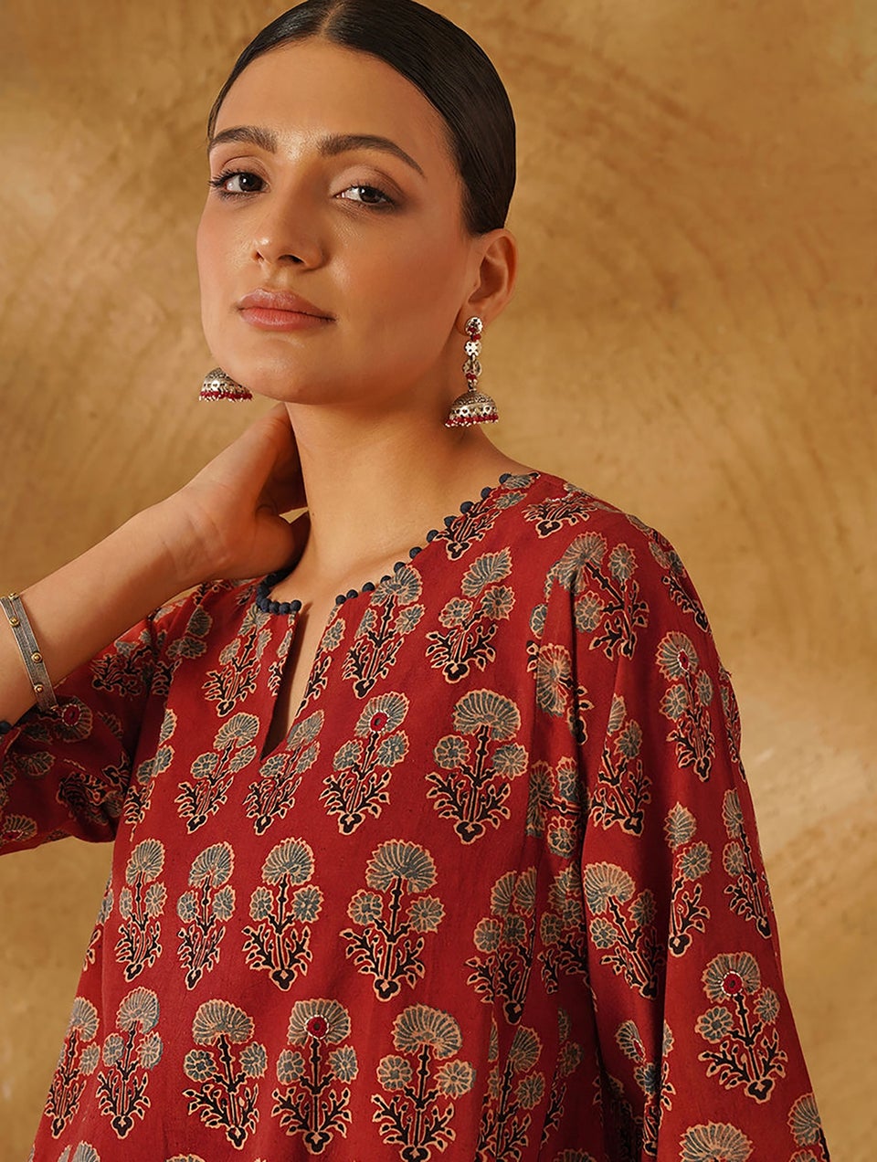Women Red Cotton Ajrakh Round Neck Regular Fit Kurta