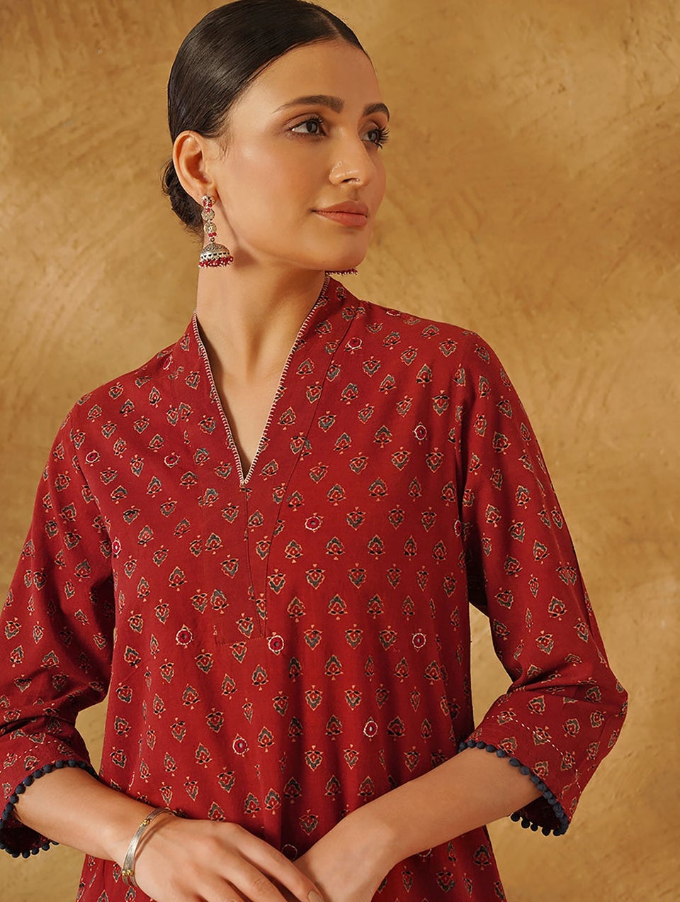 Women Red Cotton Ajrakh V Neck Regular Fit Kurta