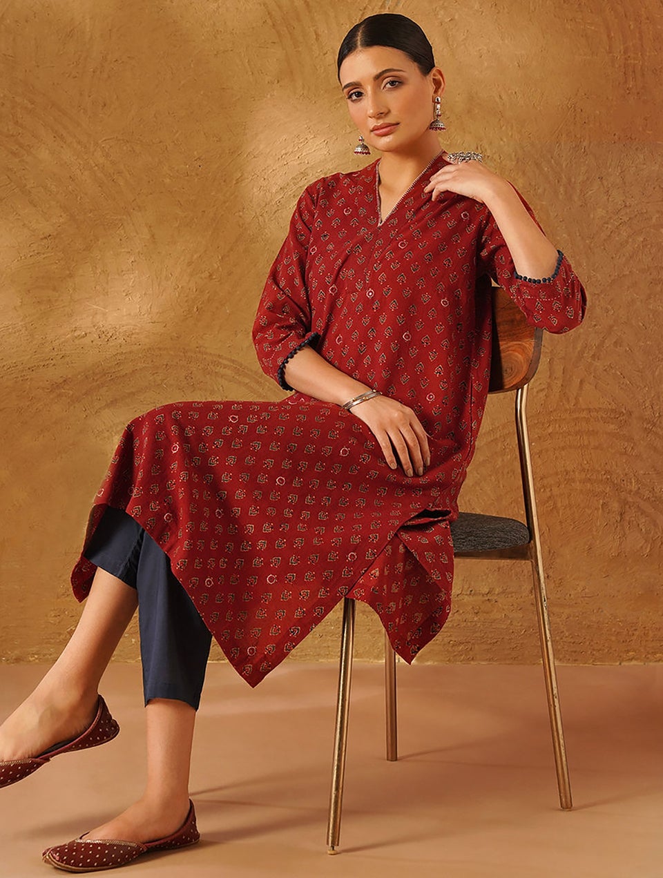Women Red Cotton Ajrakh V Neck Regular Fit Kurta