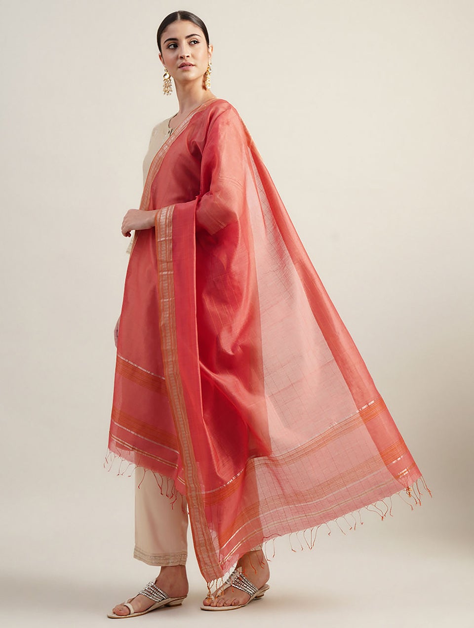 Women Orange Cotton Silk Maheshwari Dupatta