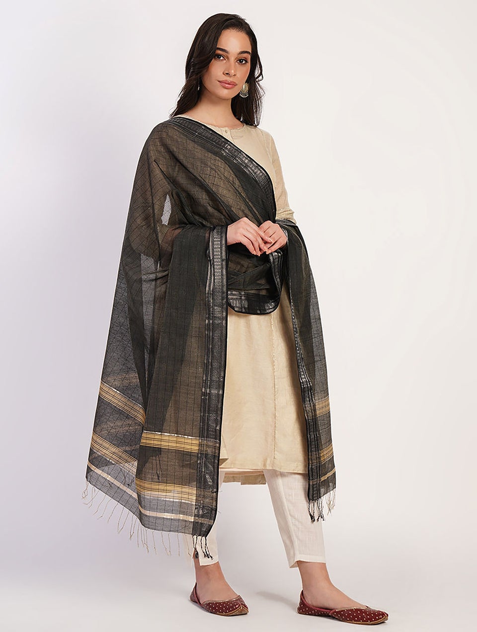 Women Grey Cotton Silk Maheshwari Dupatta