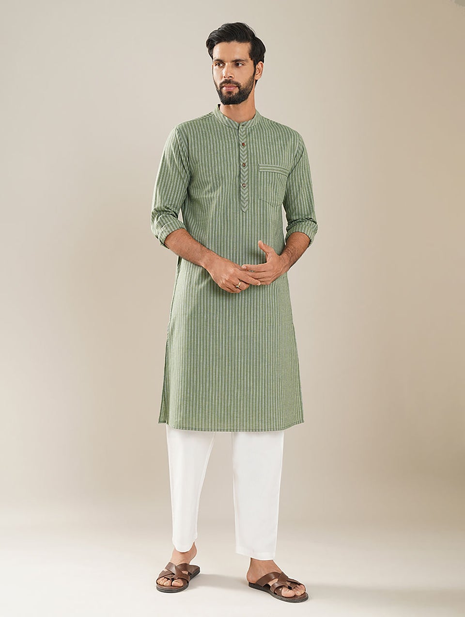 Men Olive Green Cotton Mandarin Collar Regular Fit Kurta
