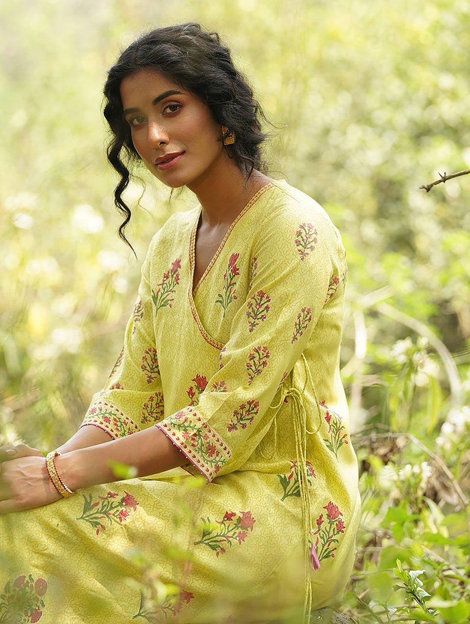 Women Lime Green Viscose Block Print V Neck Loose Fit Kurta