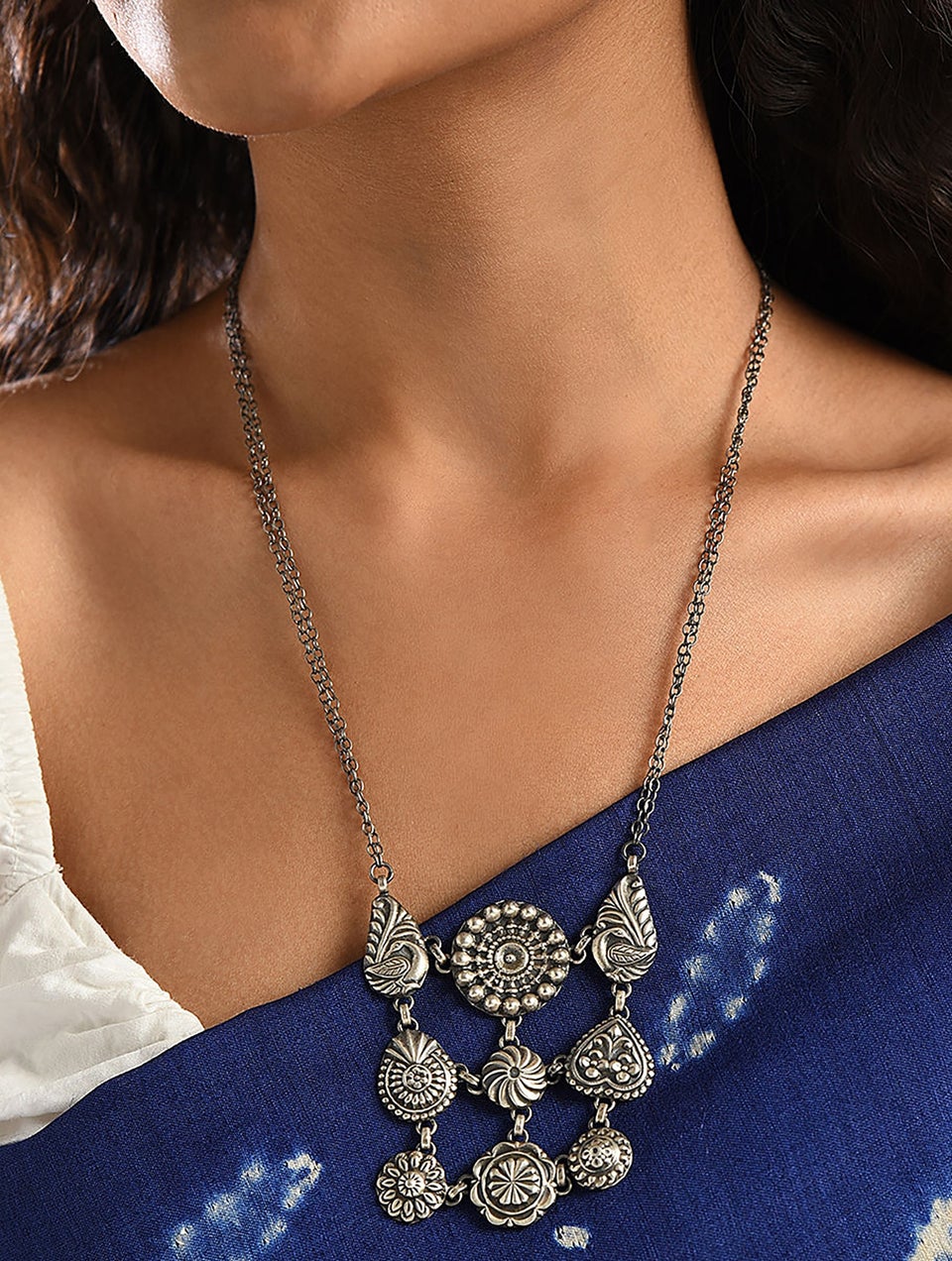 Women Tribal Silver Long Necklace