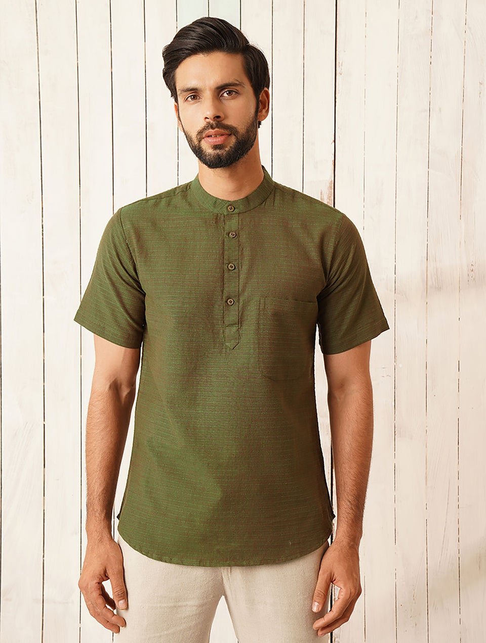 Men Green Cotton Mandarin Collar Regular Fit Kurta