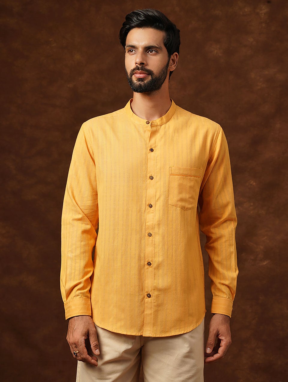 Men Mustard Yellow Cotton Self Design Mandarin Collar Regular Fit Shirt - 38