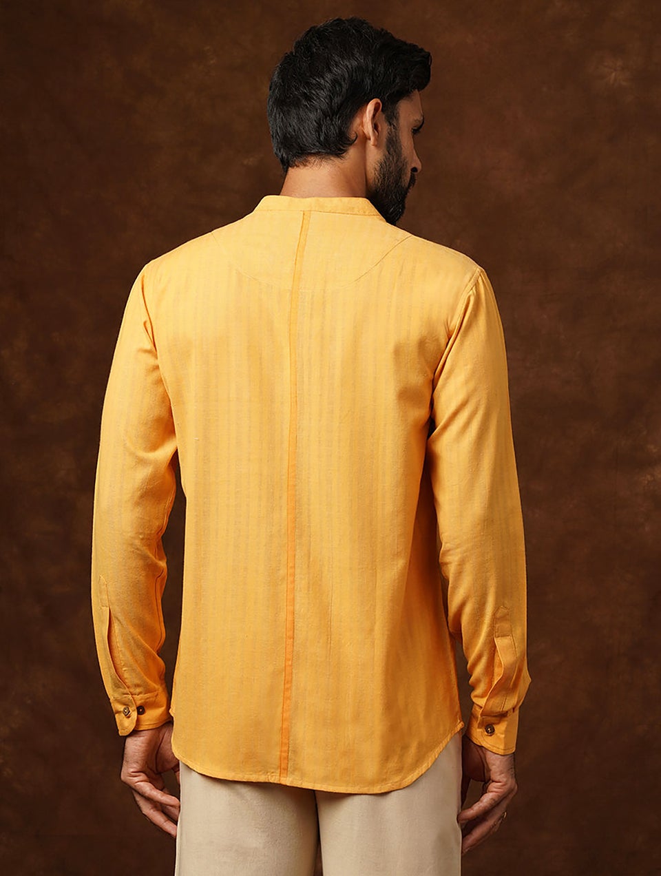 Men Mustard Yellow Cotton Self Design Mandarin Collar Regular Fit Shirt - 38