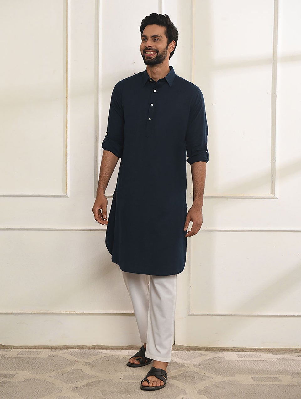 Men Indigo Blue Cotton Shirt Collar Regular Fit Kurta - 40