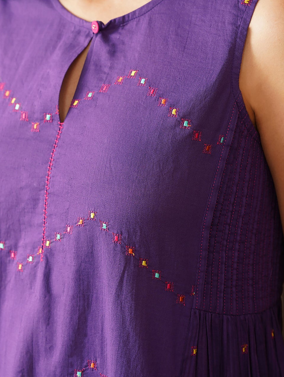 Women Purple Embroidered Cotton Kurta Dress With Gathers
