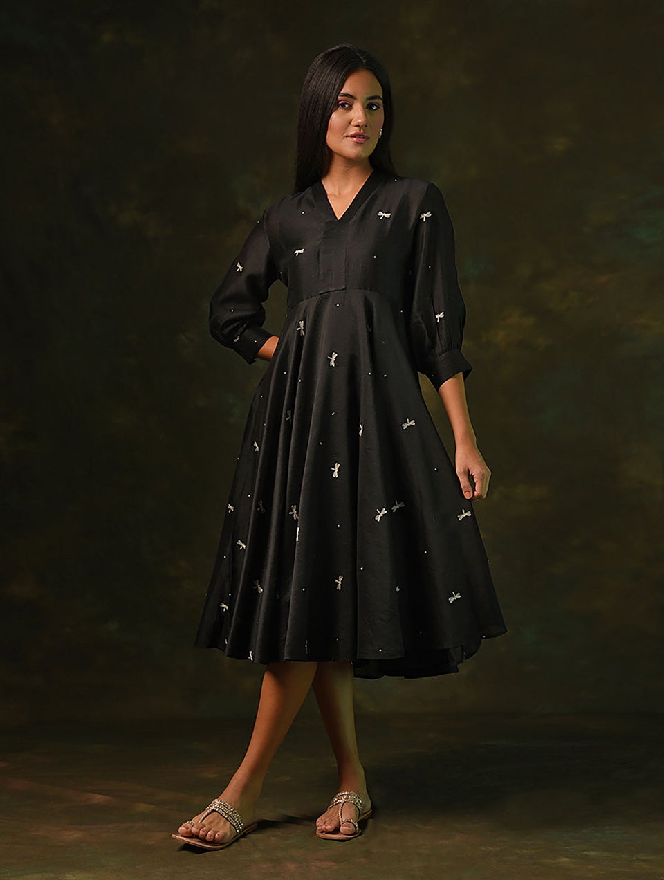 Women Black Embroidered Silk Cotton Dress with Slip