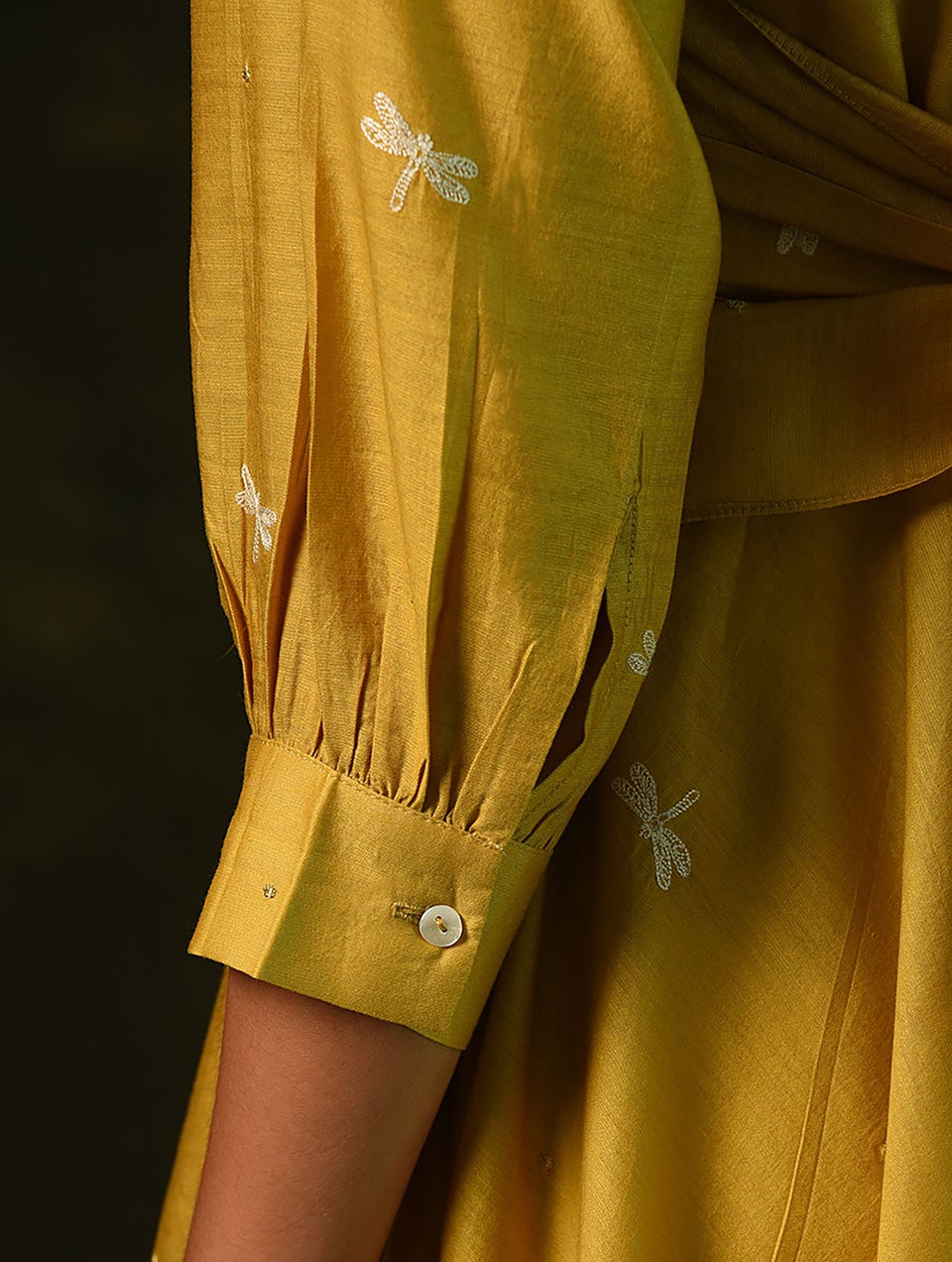 Women Mustard Embroidered Silk Cotton Dress with Slip