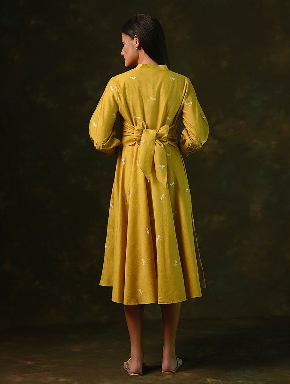 Women Mustard Yellow Cotton Embroidered V Neck Dress